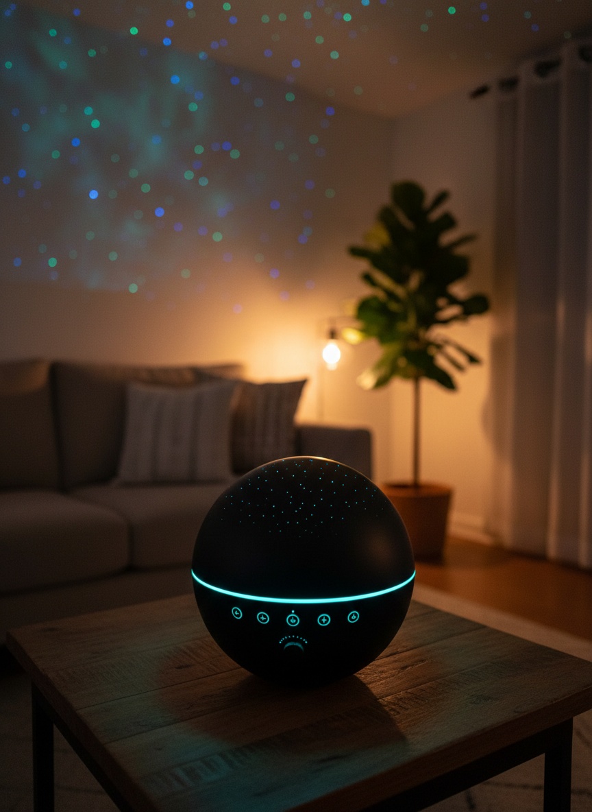 Auroom star projector on a table lighting a living room with real stars