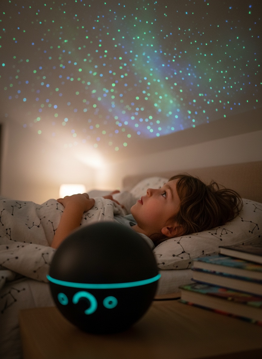 Child watching real stars projected by Auroom in a kids bedroom