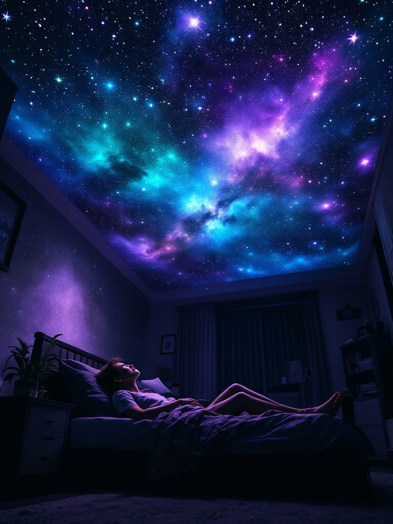 Bedroom ceiling turned into a galaxy by the Auroom projector